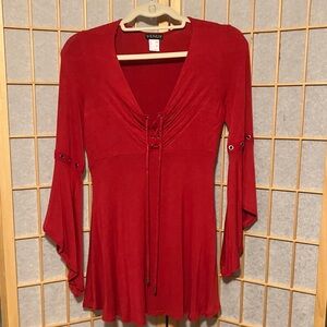 VENUS Red Lace-Up V-Neck Bell Sleeve Tunic Size Small